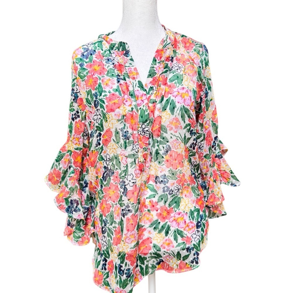 Vince Camuto Sheer Floral Blouse Ruffle Sleeve Watercolor Print Top Size M